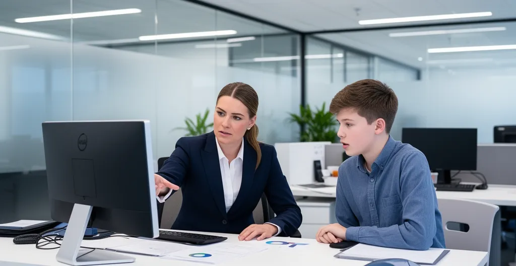 Conseiller bancaire montrant un écran d'ordinateur à un client dans un bureau moderne