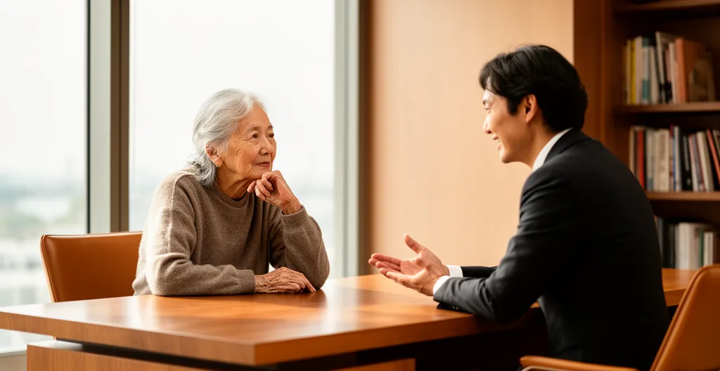 Personne âgée écoutant attentivement un notaire qui explique
