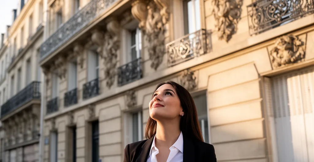 Jeune femme professionnelle regardant la façade d'un immeuble résidentiel avec une expression confiante