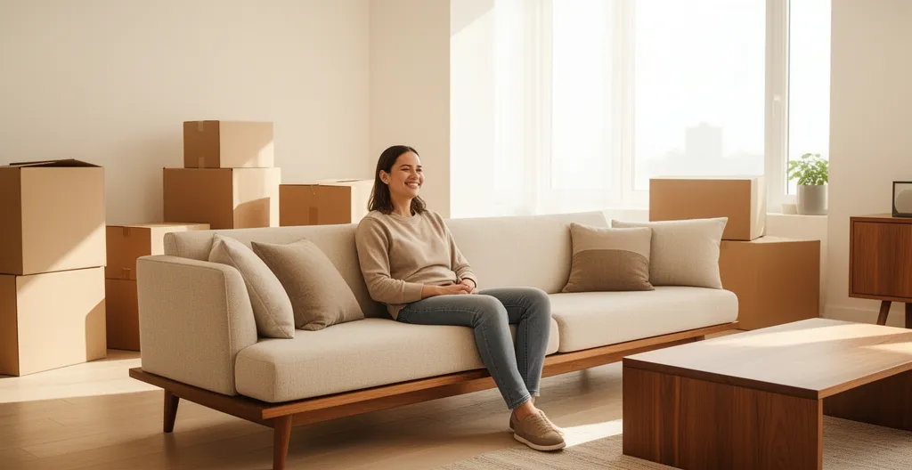 Personne assise détendue sur un canapé dans un salon lumineux avec des cartons de déménagement en arrière-plan