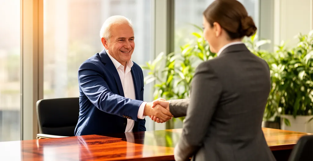 Senior serrant la main d'un professionnel dans un bureau lumineux