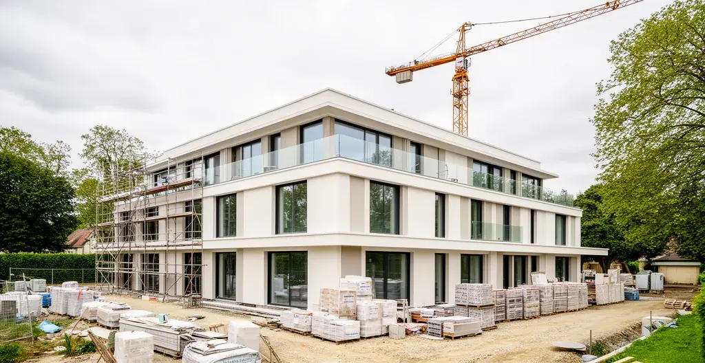 Immeuble résidentiel neuf en phase de finition avec façade contemporaine