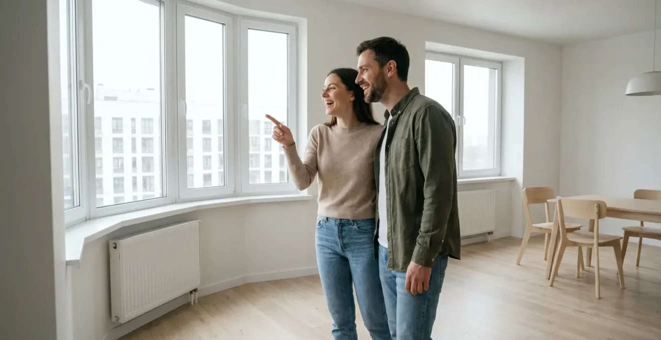 Couple visitant un appartement neuf avec grandes baies vitrées lumineuses