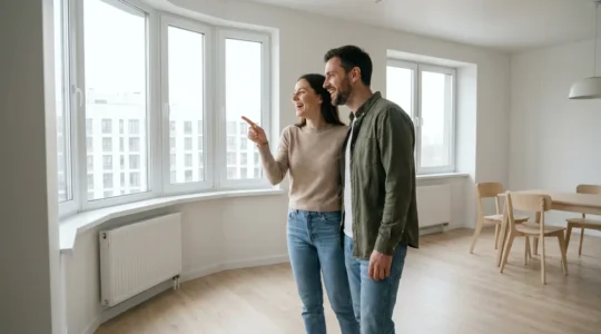 Couple visitant un appartement neuf avec grandes baies vitrées lumineuses