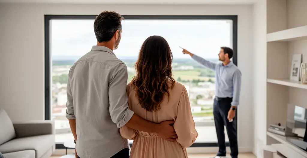 Couple visitant un appartement témoin accompagné d'un conseiller immobilier
