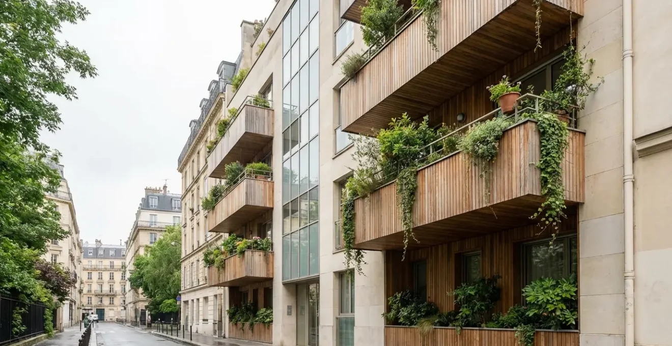 Façade contemporaine d'un immeuble neuf avec balcons végétalisés en zone urbaine