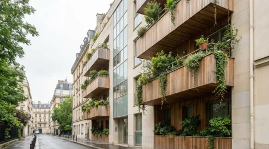 Façade contemporaine d'un immeuble neuf avec balcons végétalisés en zone urbaine