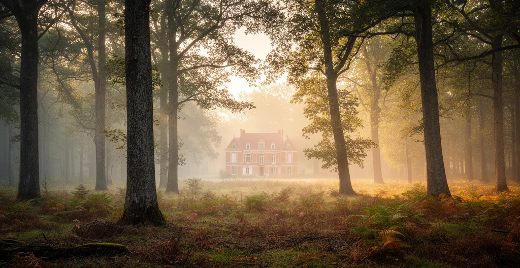 Vue panoramique d'un domaine de chasse forestier en Sologne au lever du jour