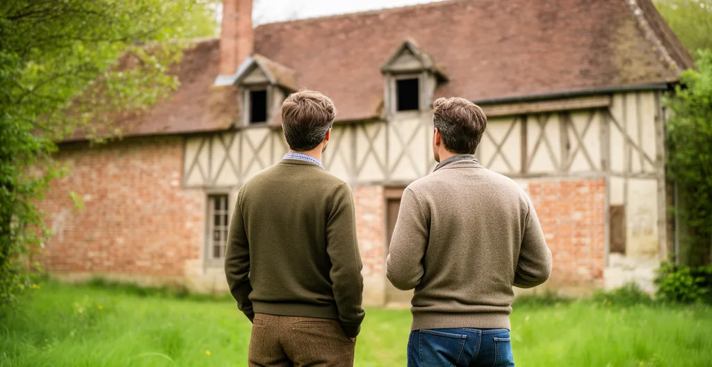 Expert immobilier et acquéreur visitant un pavillon de chasse en Sologne