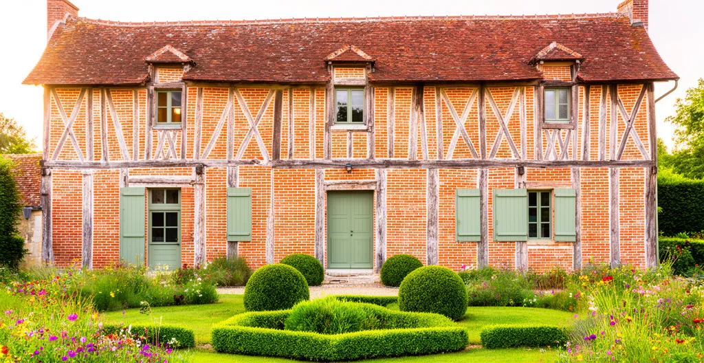 Façade d'un pavillon de chasse traditionnel en briques et colombages de Sologne