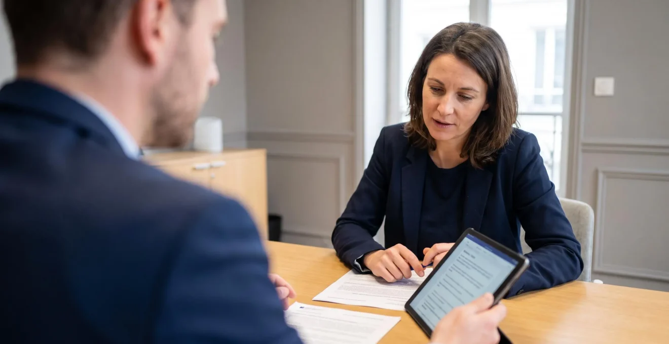 Vue par-dessus l'épaule d'un conseiller bancaire face à un client lors d'une consultation de montage de dossier de prêt dans un bureau moderne