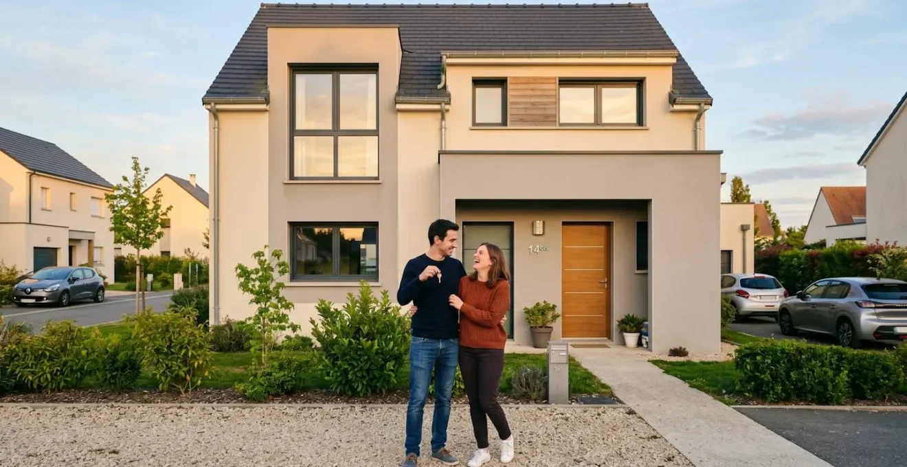 Jeune couple de primo-accédants devant leur maison individuelle contemporaine acquise en zone périurbaine française